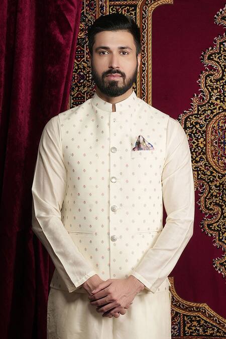 Sven Suits Cream Faux Leather Embroidery Miniature Butti Print Bundi Kurta Set Online at Aza Fashions Sven Suits_Cream Faux Leather Embroidery Miniature Butti Print Bundi Kurta Set _Online_at_Aza_Fashions