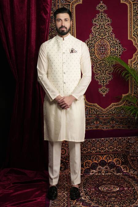 Shop Sven Suits Cream Faux Leather Embroidery Miniature Butti Print Bundi Kurta Set Online at Aza Fashions Shop_Sven Suits_Cream Faux Leather Embroidery Miniature Butti Print Bundi Kurta Set _Online_at_Aza_Fashions