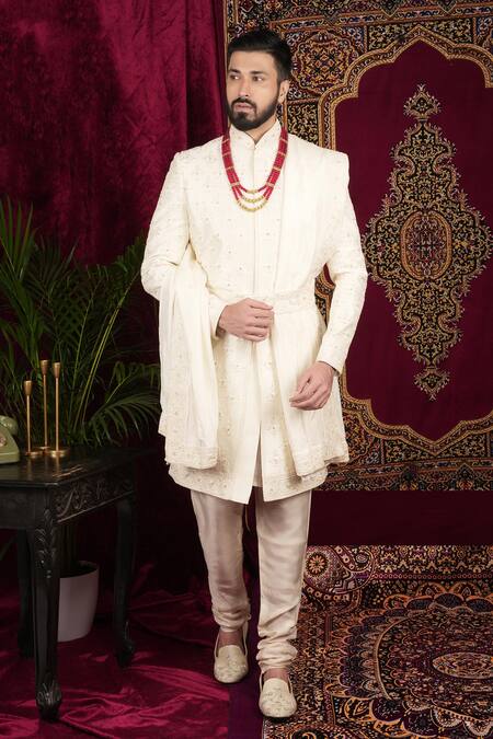 Sven Suits Ivory Silk Pearls, Sequins, Beads, Embroidery Floral Butti Sherwani Set Online at Aza Fashions Sven Suits_Ivory Silk Pearls, Sequins, Beads, Embroidery Floral Butti Sherwani Set _Online_at_Aza_Fashions