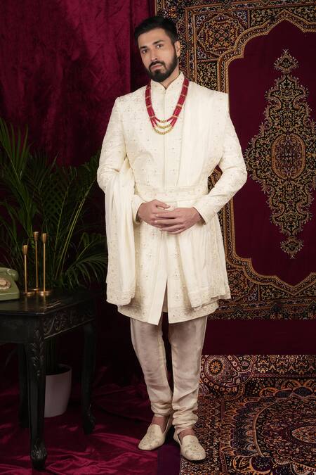 Buy Sven Suits Ivory Silk Pearls, Sequins, Beads, Embroidery Floral Butti Sherwani Set Online at Aza Fashions Buy_Sven Suits_Ivory Silk Pearls, Sequins, Beads, Embroidery Floral Butti Sherwani Set _Online_at_Aza_Fashions