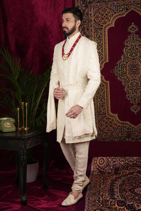 Sven Suits Ivory Silk Pearls, Sequins, Beads, Embroidery Floral Butti Sherwani Set at Aza Fashions Sven Suits_Ivory Silk Pearls, Sequins, Beads, Embroidery Floral Butti Sherwani Set _at_Aza_Fashions