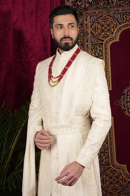 Buy Sven Suits Ivory Silk Pearls, Sequins, Beads, Embroidery Floral Butti Sherwani Set Buy_Sven Suits_Ivory Silk Pearls, Sequins, Beads, Embroidery Floral Butti Sherwani Set