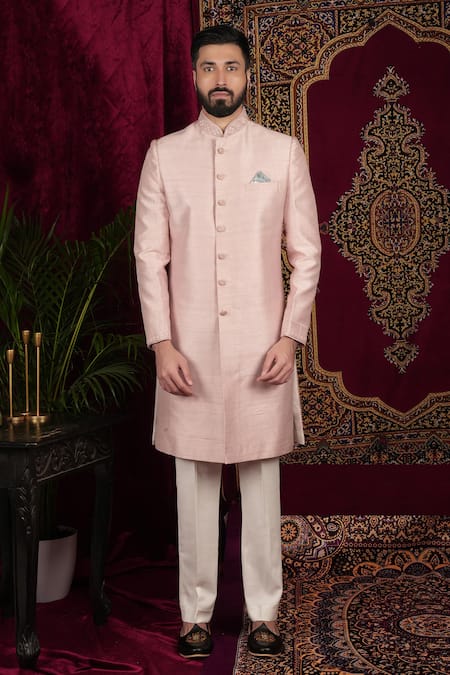 Sven Suits_Pink Silk Beads, Sequins Placement Embroidered Sherwani With Pant _Online_at_Aza_Fashions