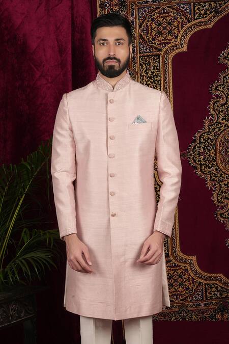 Buy_Sven Suits_Pink Silk Beads, Sequins Placement Embroidered Sherwani With Pant _Online_at_Aza_Fashions
