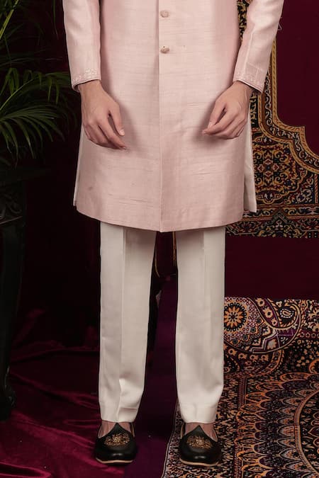 Shop_Sven Suits_Pink Silk Beads, Sequins Placement Embroidered Sherwani With Pant _Online_at_Aza_Fashions
