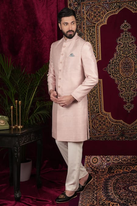 Sven Suits_Pink Silk Beads, Sequins Placement Embroidered Sherwani With Pant _at_Aza_Fashions