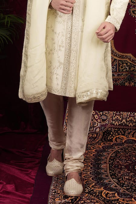 Sven Suits_Ivory Silk Beads, Stones, Zari Floral Vine Embroidered Sherwani Set _Online_at_Aza_Fashions