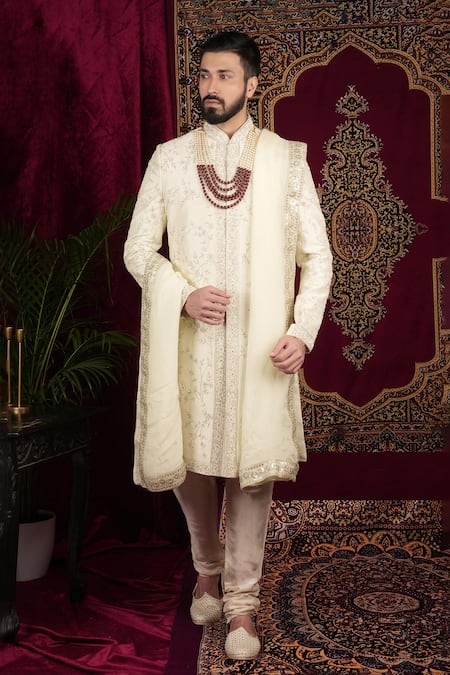 Buy_Sven Suits_Ivory Silk Beads, Stones, Zari Floral Vine Embroidered Sherwani Set _Online_at_Aza_Fashions