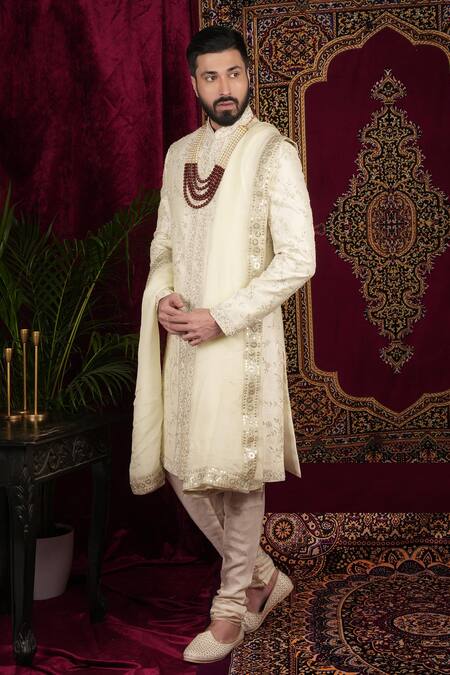 Shop_Sven Suits_Ivory Silk Beads, Stones, Zari Floral Vine Embroidered Sherwani Set _Online_at_Aza_Fashions
