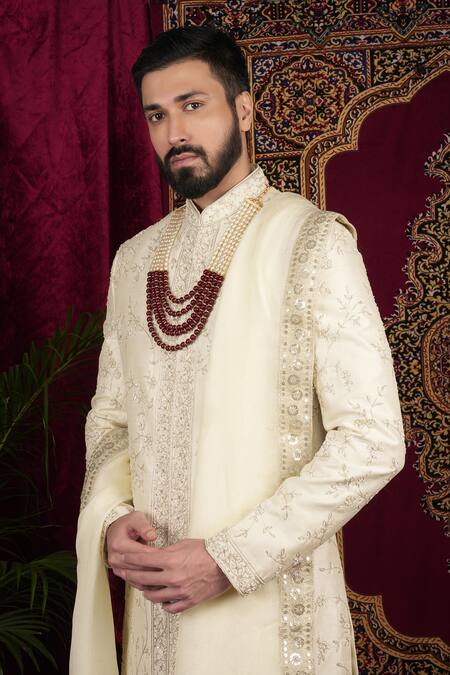 Buy_Sven Suits_Ivory Silk Beads, Stones, Zari Floral Vine Embroidered Sherwani Set 