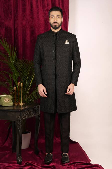 Sven Suits_Black Silk Beads, Embroidery Floral Vine Sherwani Set _Online_at_Aza_Fashions