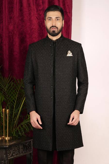 Buy_Sven Suits_Black Silk Beads, Embroidery Floral Vine Sherwani Set _Online_at_Aza_Fashions