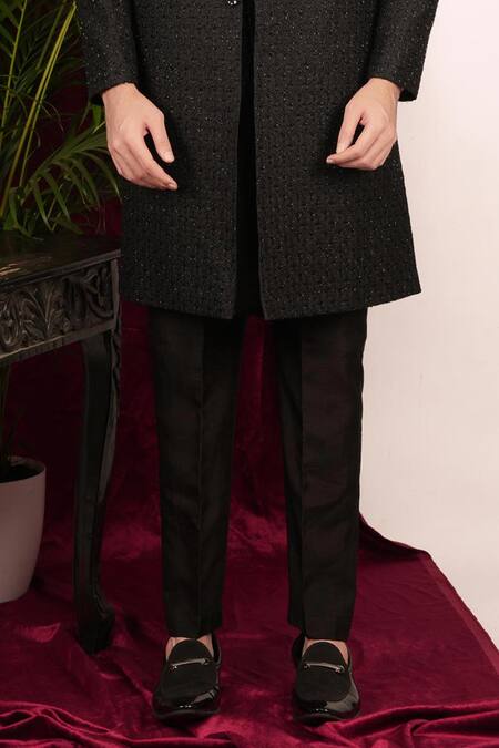 Shop_Sven Suits_Black Silk Beads, Embroidery Floral Vine Sherwani Set _Online_at_Aza_Fashions