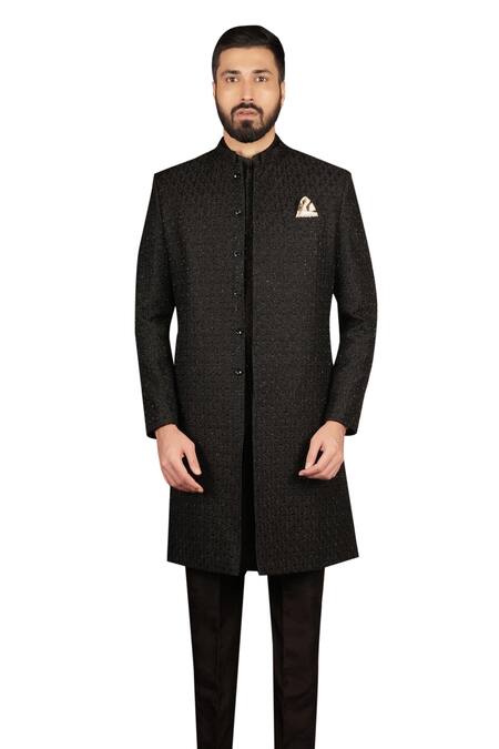 Sven Suits_Black Silk Beads, Embroidery Floral Vine Sherwani Set _at_Aza_Fashions