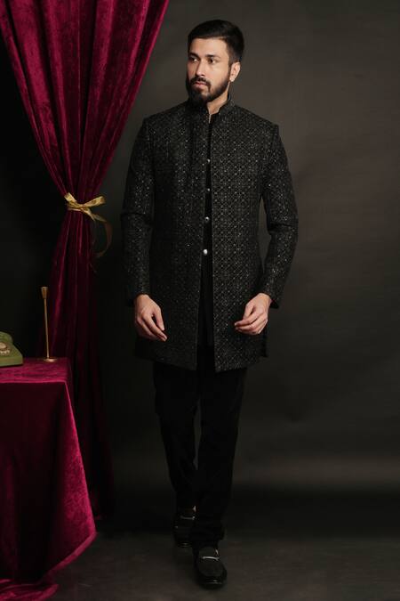 Sven Suits_Black Velvet Zari, Beads Embroidered Sherwani Pant Set _Online_at_Aza_Fashions