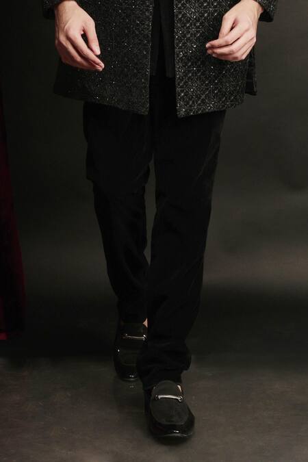 Buy_Sven Suits_Black Velvet Zari, Beads Embroidered Sherwani Pant Set _Online_at_Aza_Fashions
