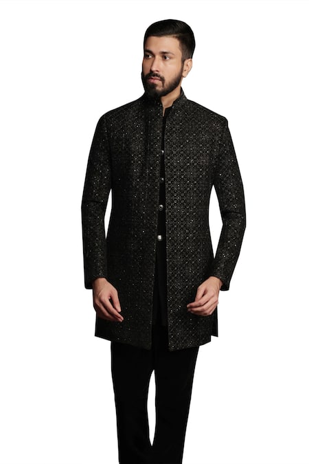 Shop_Sven Suits_Black Velvet Zari, Beads Embroidered Sherwani Pant Set _Online_at_Aza_Fashions