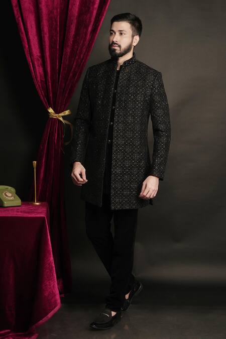 Sven Suits_Black Velvet Zari, Beads Embroidered Sherwani Pant Set _at_Aza_Fashions