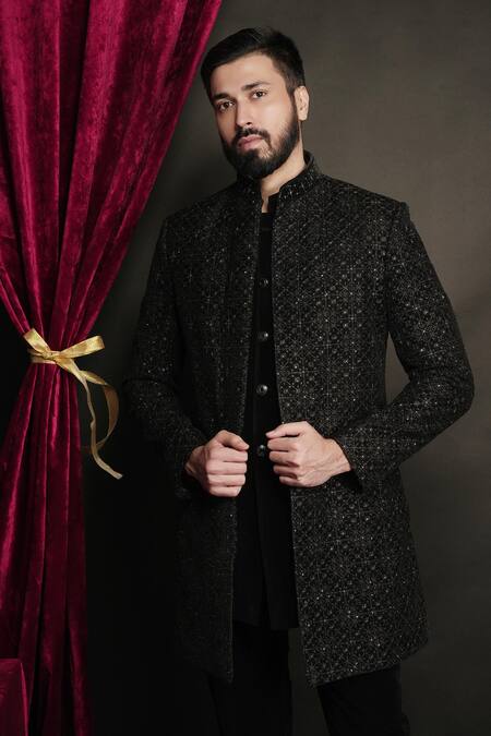 Buy_Sven Suits_Black Velvet Zari, Beads Embroidered Sherwani Pant Set 