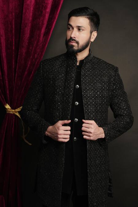 Shop_Sven Suits_Black Velvet Zari, Beads Embroidered Sherwani Pant Set 
