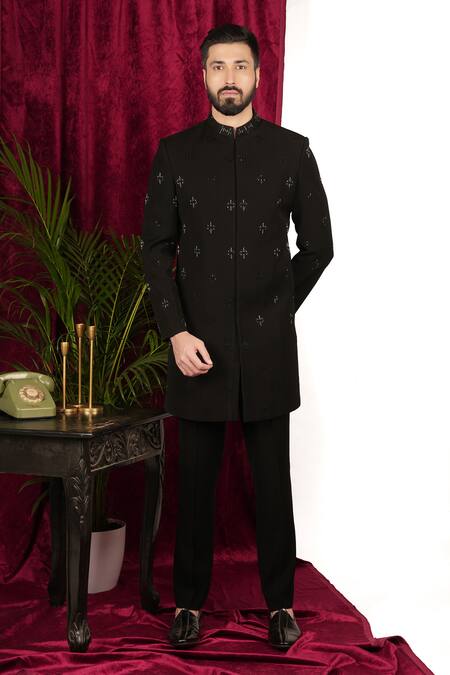 Sven Suits_Black Polyester Beads Geometric Embellished Sherwani With Pant _Online_at_Aza_Fashions