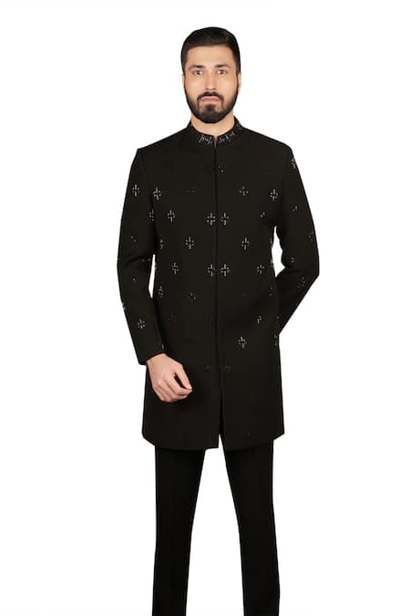 Shop_Sven Suits_Black Polyester Beads Geometric Embellished Sherwani With Pant _Online_at_Aza_Fashions