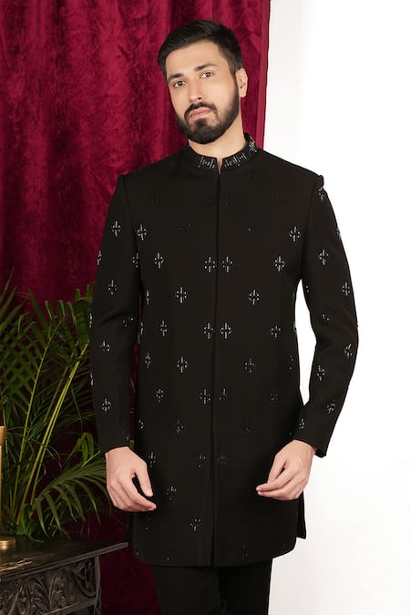 Buy_Sven Suits_Black Polyester Beads Geometric Embellished Sherwani With Pant 