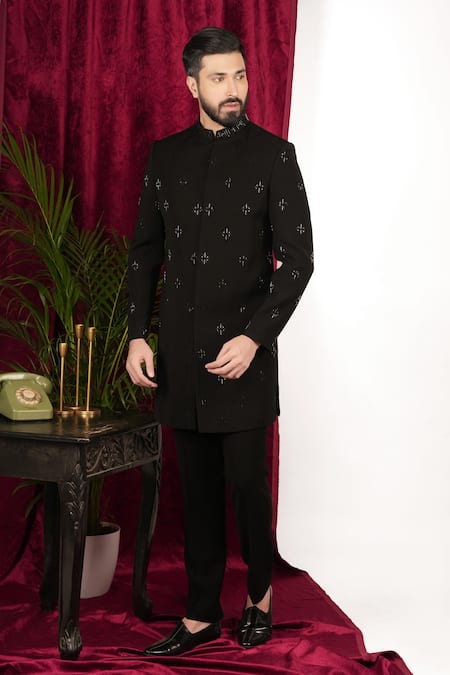 Shop_Sven Suits_Black Polyester Beads Geometric Embellished Sherwani With Pant 