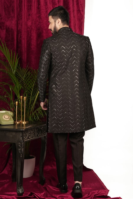Sven Suits Chevron Embroidered Open Sherwani Set 