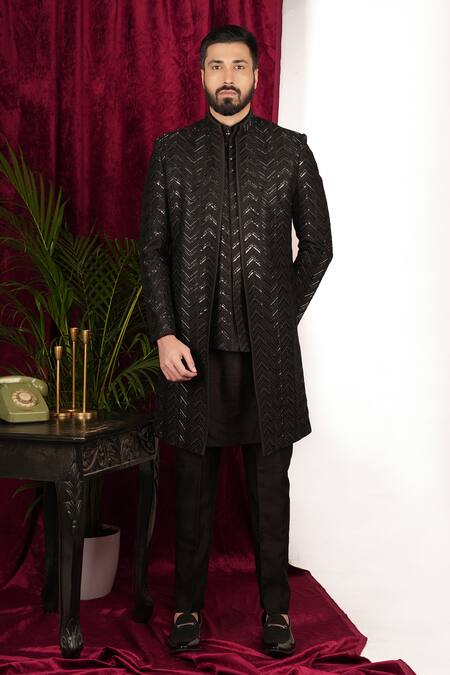 Sven Suits_Black Silk Sequins, Beads Chevron Embroidered Open Sherwani Set _Online_at_Aza_Fashions