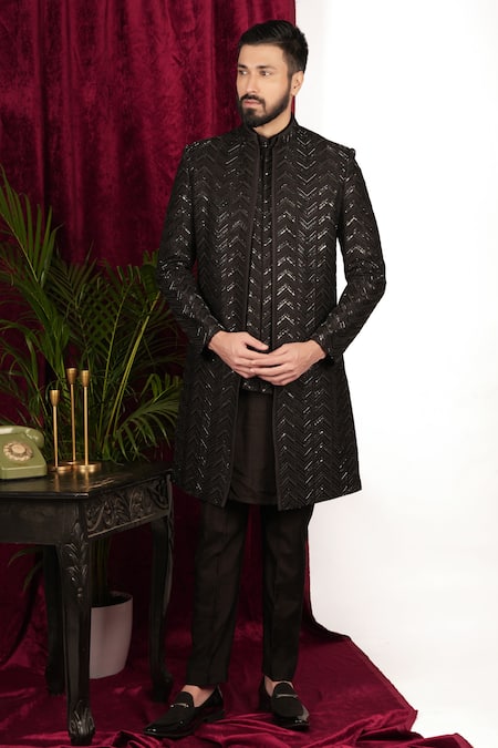 Buy_Sven Suits_Black Silk Sequins, Beads Chevron Embroidered Open Sherwani Set _Online_at_Aza_Fashions