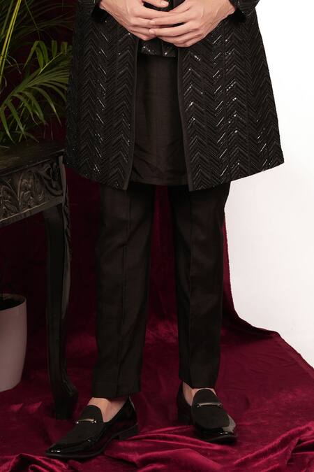 Shop_Sven Suits_Black Silk Sequins, Beads Chevron Embroidered Open Sherwani Set _Online_at_Aza_Fashions
