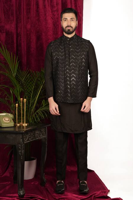 Sven Suits_Black Silk Sequins, Beads Chevron Embroidered Open Sherwani Set _at_Aza_Fashions