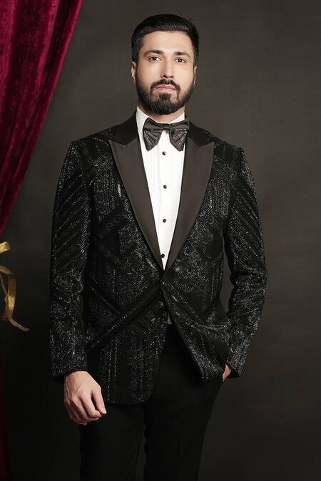 Sven Suits_Black Polyester, Viscose Beads, Embroidery Embellished Tuxedo Set _Online_at_Aza_Fashions