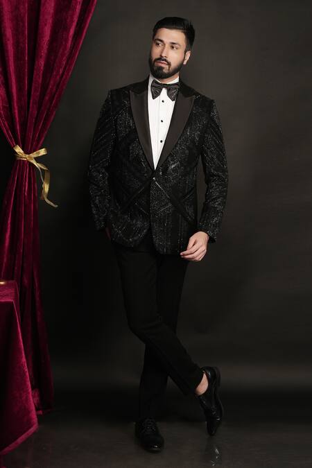 Buy_Sven Suits_Black Polyester, Viscose Beads, Embroidery Embellished Tuxedo Set _Online_at_Aza_Fashions