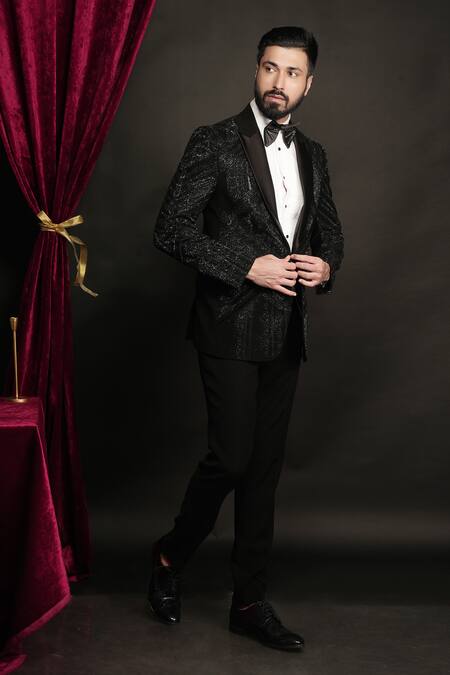 Sven Suits_Black Polyester, Viscose Beads, Embroidery Embellished Tuxedo Set _at_Aza_Fashions