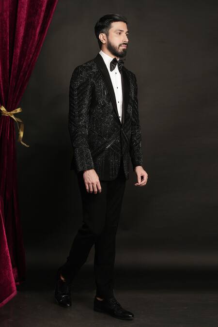 Buy_Sven Suits_Black Polyester, Viscose Beads, Embroidery Embellished Tuxedo Set 
