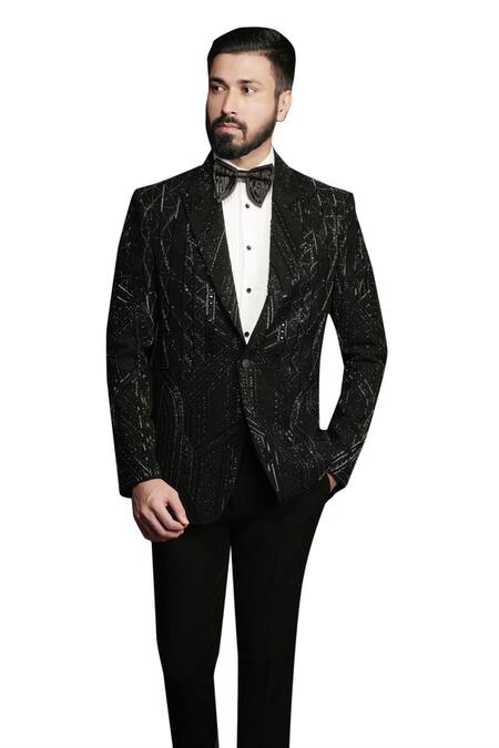 Sven Suits_Black Polyester, Viscose Beads Embellished Geometric Chevron Tuxedo Set _Online_at_Aza_Fashions