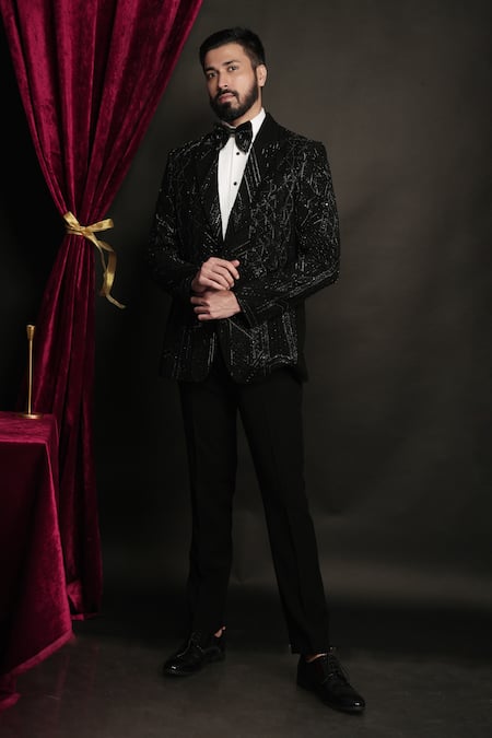 Buy_Sven Suits_Black Polyester, Viscose Beads Embellished Geometric Chevron Tuxedo Set _Online_at_Aza_Fashions