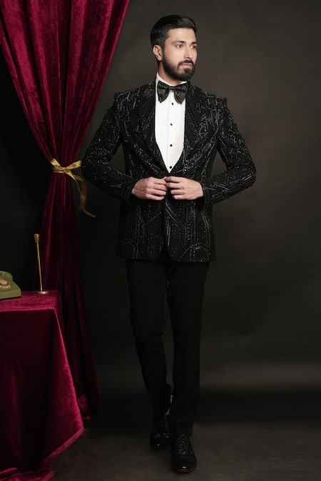 Shop_Sven Suits_Black Polyester, Viscose Beads Embellished Geometric Chevron Tuxedo Set _Online_at_Aza_Fashions