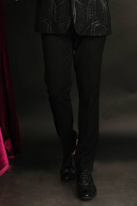 Sven Suits_Black Polyester, Viscose Beads Embellished Geometric Chevron Tuxedo Set _at_Aza_Fashions