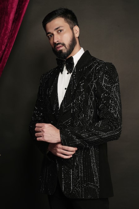Buy_Sven Suits_Black Polyester, Viscose Beads Embellished Geometric Chevron Tuxedo Set 