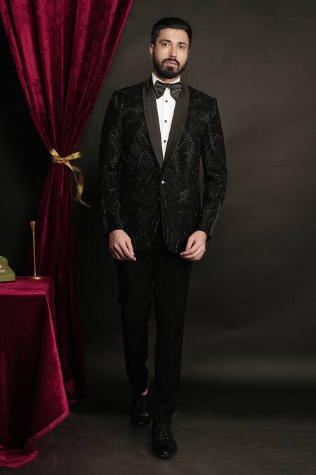Sven Suits_Black Polyester, Viscose, Cotton Beads Geometric Embellished Tuxedo Set _Online_at_Aza_Fashions