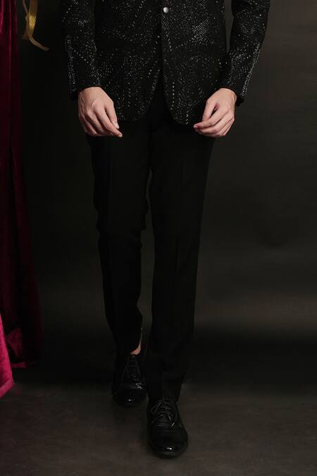 Buy_Sven Suits_Black Polyester, Viscose, Cotton Beads Geometric Embellished Tuxedo Set _Online_at_Aza_Fashions