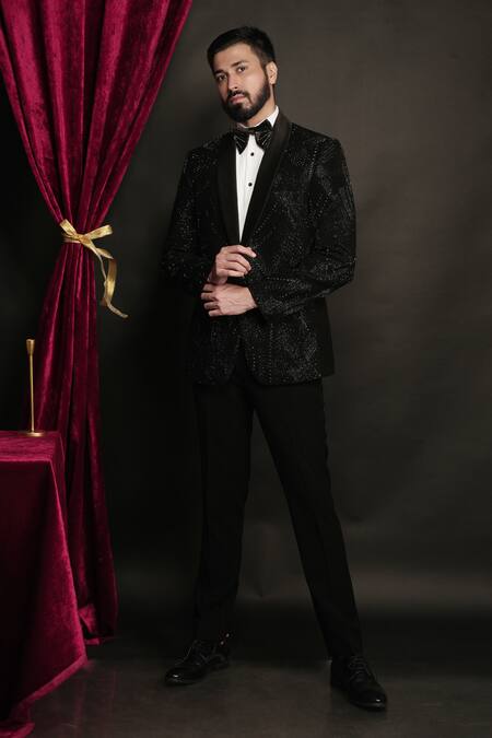 Shop_Sven Suits_Black Polyester, Viscose, Cotton Beads Geometric Embellished Tuxedo Set _Online_at_Aza_Fashions