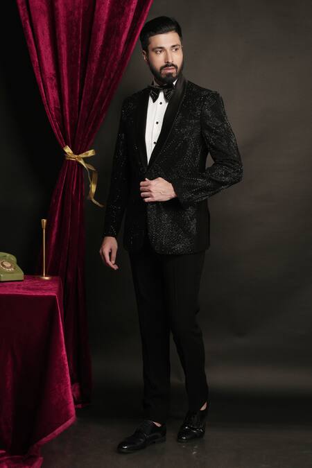 Sven Suits_Black Polyester, Viscose, Cotton Beads Geometric Embellished Tuxedo Set _at_Aza_Fashions