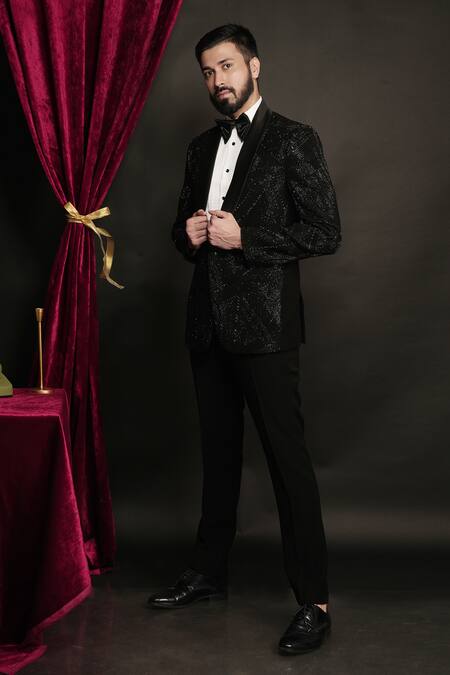 Buy_Sven Suits_Black Polyester, Viscose, Cotton Beads Geometric Embellished Tuxedo Set 