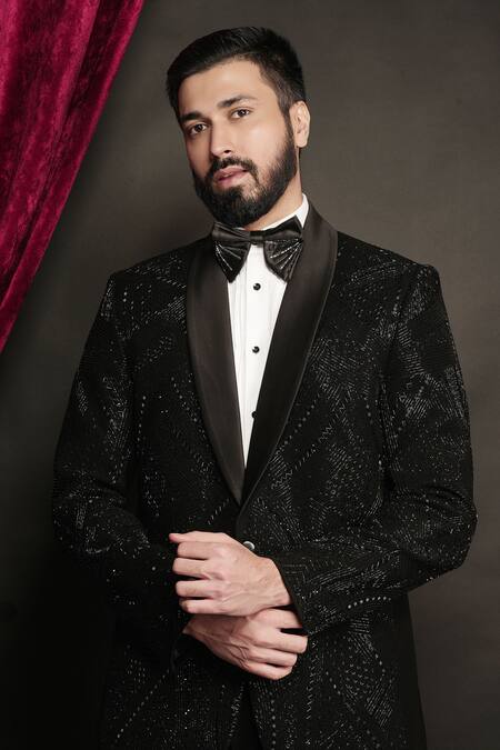 Shop_Sven Suits_Black Polyester, Viscose, Cotton Beads Geometric Embellished Tuxedo Set 