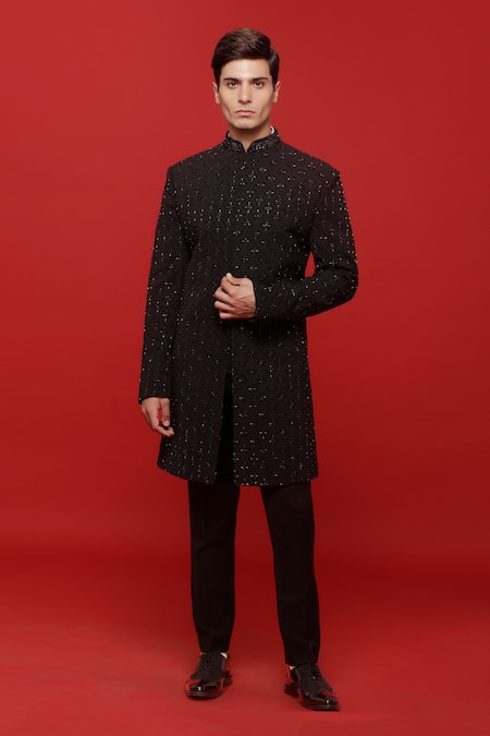 Sven suits Black Polyester Viscose Stretch Embroidered Floral Jaali Sherwani With Pant 