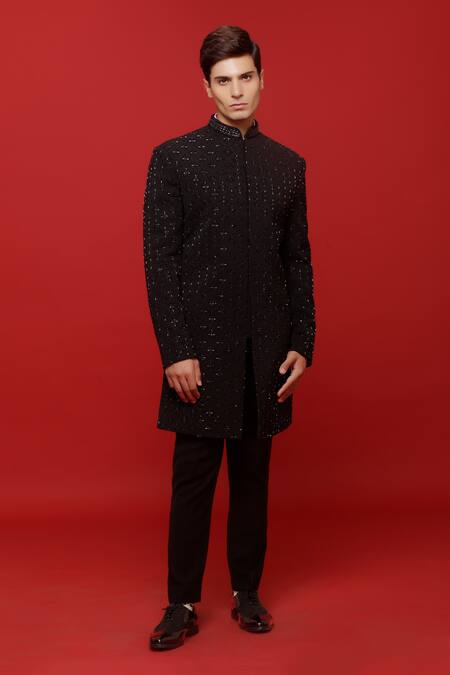 Buy_Sven Suits_Black Polyester, Viscose Embroidery, Beads Floral Jaali Sherwani With Pant _Online_at_Aza_Fashions